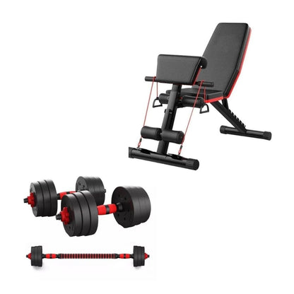 PACK BANCA CURL INCLINABLE MULTIFUNCIONAL +PAR MANCUERNAS +20KGS EN DISCOS